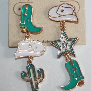 White Hats, Silver star, Aqua Boots, Cactus  3" long Western Earrings